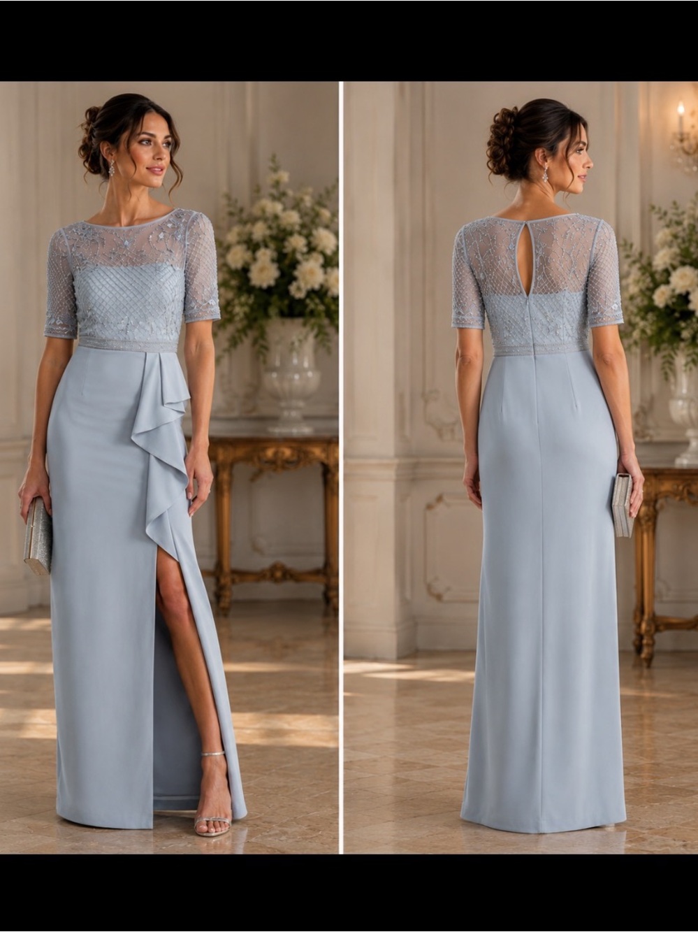 Adrianna-Papell elbow length sleeve beaded bodice long gown - Picture 2 of 14